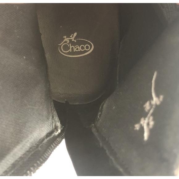 CHACO Fossil Ankle Boots Women’s 7.5 Black Leather Tassel Back Zip Stacked Heel - Picture 16 of 16